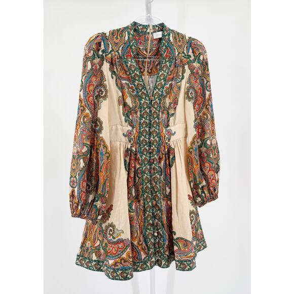Zimmermann Dresses & Skirts - Zimmermann Ottie Plunge Mini Dress Multicolor Paisley Linen Floral Logo XS 0